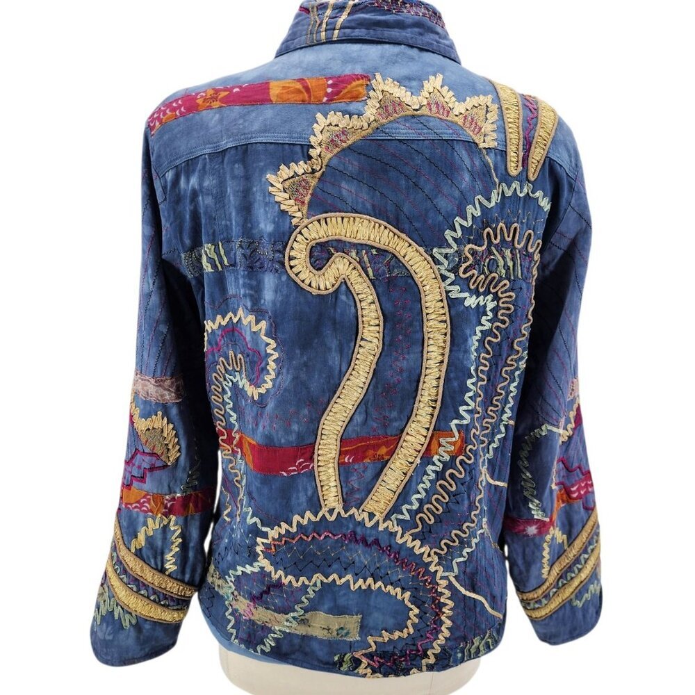 Vintage Norm Thompson Womens Large Jacket Patch Work Embroidered Tie Dye Blue - Picture 7 of 12